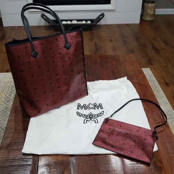MCM Metallic Red Tote Bag And Mini with Luxurious Leather Finish